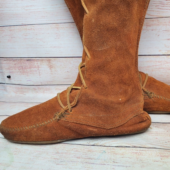 Minnetonka 1422 Brown Leather Knee High Fringe Moccasin Boots Womens Sz 8 - Picture 11 of 16